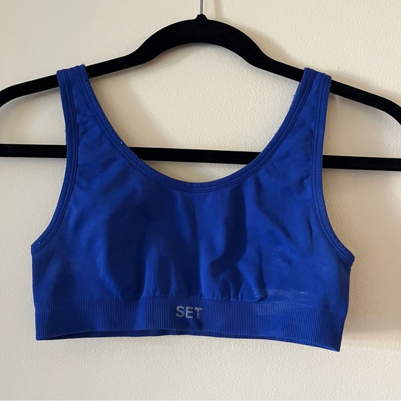 SET Active Blue 3 Piece Sculptflex Set Ribbed V Neck Bra + Box Cut Bra + Legging - Picture 5 of 15